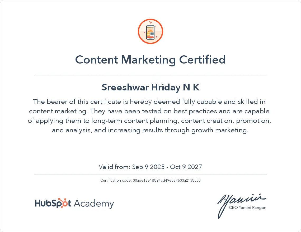 hubspot certificate for the best freelance digital marketer in kannur