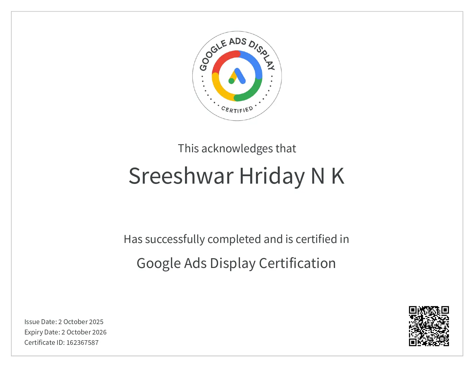 google ads display certificate for best freelance digital marketer in kannur